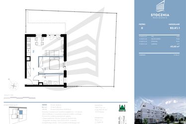 Rzut - Mieszkanie na sprzedaż 2 pokoje o powierzchni 43,65 m² - numer B2.K1.1 w Stocznia Residence
