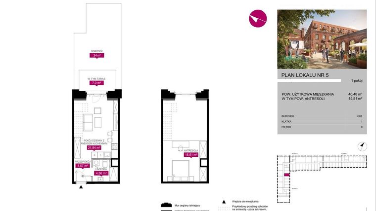 Rzut - Mieszkanie na sprzedaż 1 pokój o powierzchni 46,48 m² - numer G2.5 w Fuzja Lofty