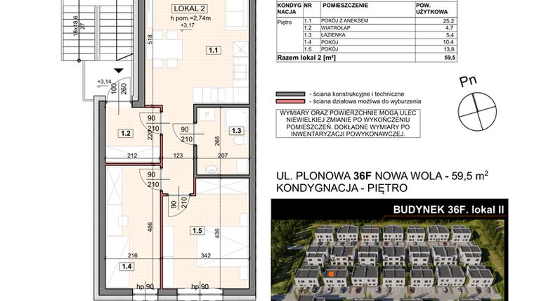 Rzut - Mieszkanie na sprzedaż 3 pokoje o powierzchni 59,5 m² - numer 36F/2 w Zespół willowy Zielona Polana - etap 6