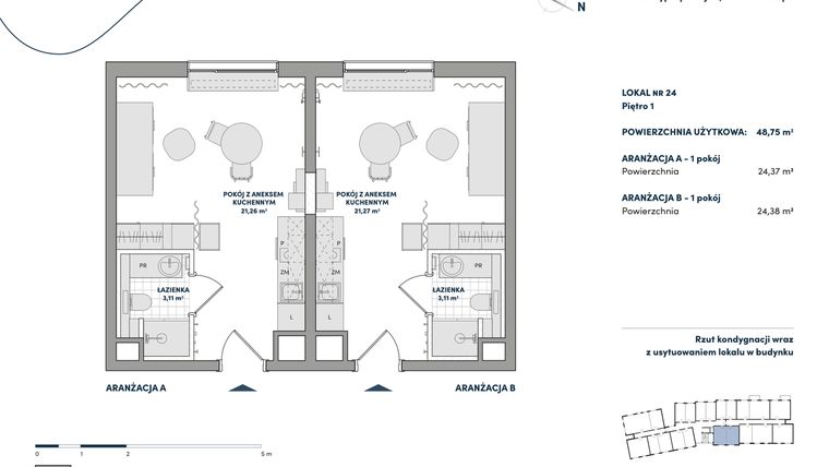 Rzut - Mieszkanie na sprzedaż 2 pokoje o powierzchni 48,75 m² - numer 24 w AtHome - Apartamenty inwestycyjne
