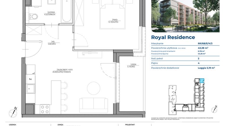 Rzut - Mieszkanie na sprzedaż 2 pokoje o powierzchni 43,38 m² - numer RR/6B/E/4/2 w Royal Residence 6B