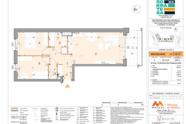 Rzut - Mieszkanie na sprzedaż 3 pokoje o powierzchni 63,98 m² - numer C.02.01 w Sokratesa 11a