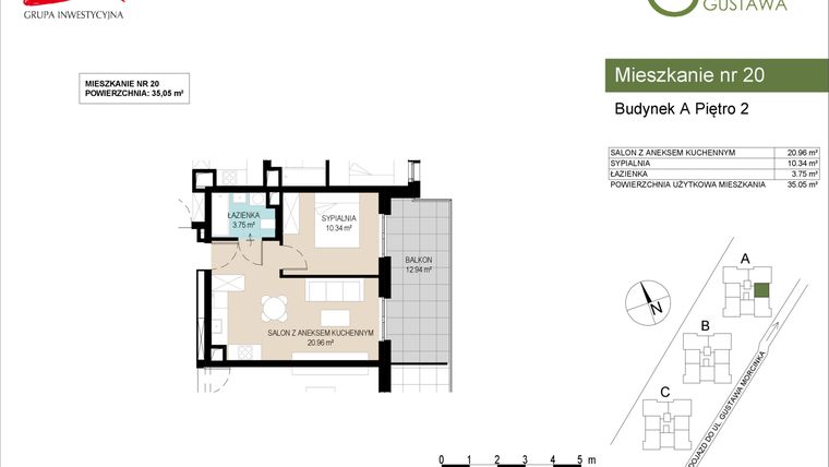 Rzut - Mieszkanie na sprzedaż 2 pokoje o powierzchni 35,05 m² - numer A20 w Wzgórze Gustawa