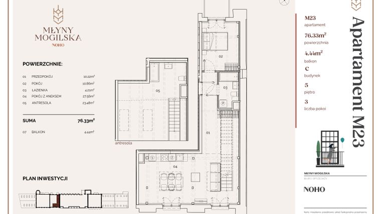Rzut - Mieszkanie na sprzedaż 2 pokoje o powierzchni 76,33 m² - numer C.23 w Młyny Mogilska