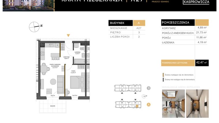 Rzut - Mieszkanie na sprzedaż 2 pokoje o powierzchni 42,47 m² - numer A.27 w Osiedle Kasprowicza