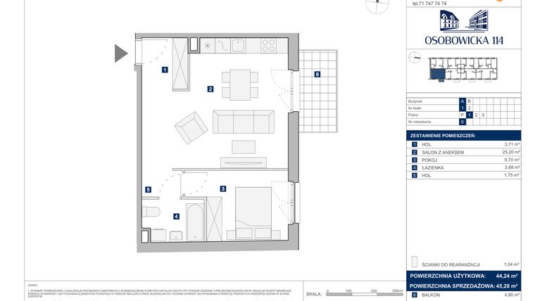 Rzut - Mieszkanie na sprzedaż 2 pokoje o powierzchni 45,28 m² - numer A.6 w Osobowicka 114