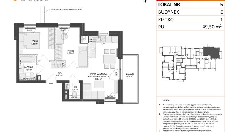 Rzut - Mieszkanie na sprzedaż 3 pokoje o powierzchni 49,5 m² - numer E.5 w Osiedle Warszawska