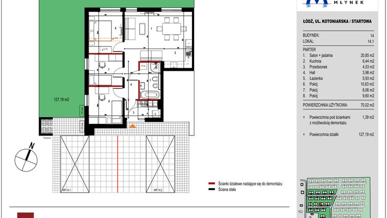 Rzut - Mieszkanie na sprzedaż 3 pokoje o powierzchni 70,02 m² - numer 14.1 w Przystań Młynek