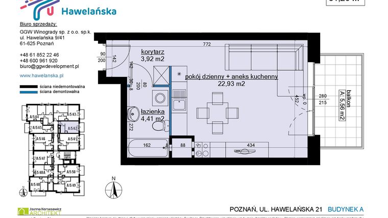 Rzut - Mieszkanie na sprzedaż 1 pokój o powierzchni 31,26 m² - numer A/5/42 w Osiedle Hawelańska etap III - bud. A