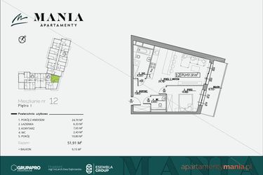 Rzut - Mieszkanie na sprzedaż 2 pokoje o powierzchni 51,91 m² - numer 12 w MANIA Apartamenty