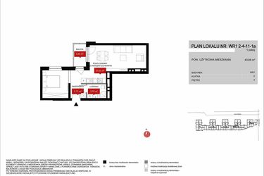 Rzut - Mieszkanie na sprzedaż 1 pokój o powierzchni 43,88 m² - numer WR1 2/4/11/1a w Przystań Reymonta