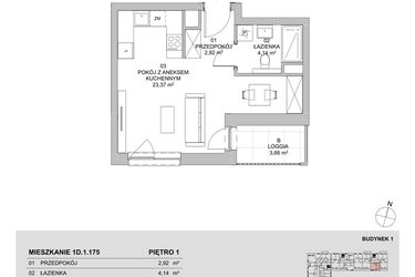 Rzut - Mieszkanie na sprzedaż 1 pokój o powierzchni 30,43 m² - numer 1D.1.175 w Francuska Park VIIIB