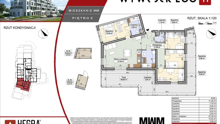 Rzut - Mieszkanie na sprzedaż 5 pokoi o powierzchni 91,3 m² - numer M56 w Apartamenty Wywrockiego 11