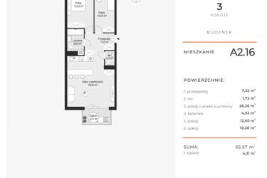 Rzut - Mieszkanie na sprzedaż 3 pokoje o powierzchni 65,49 m² - numer A2.16 w Enklawa Bukowa