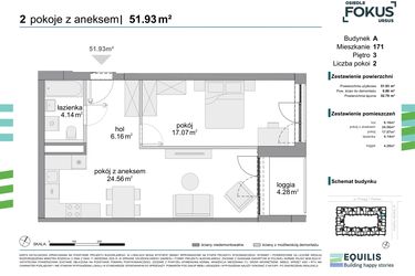 Rzut - Mieszkanie na sprzedaż 2 pokoje o powierzchni 51,93 m² - numer 171 w Osiedle Fokus Ursus