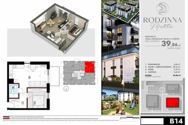 Rzut - Mieszkanie na sprzedaż 2 pokoje o powierzchni 39,86 m² - numer B14 w Rodzinna Malta