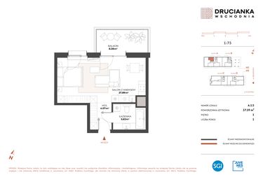 Rzut - Mieszkanie na sprzedaż 1 pokój o powierzchni 37,59 m² - numer A.1.5 w Drucianka Wschodnia