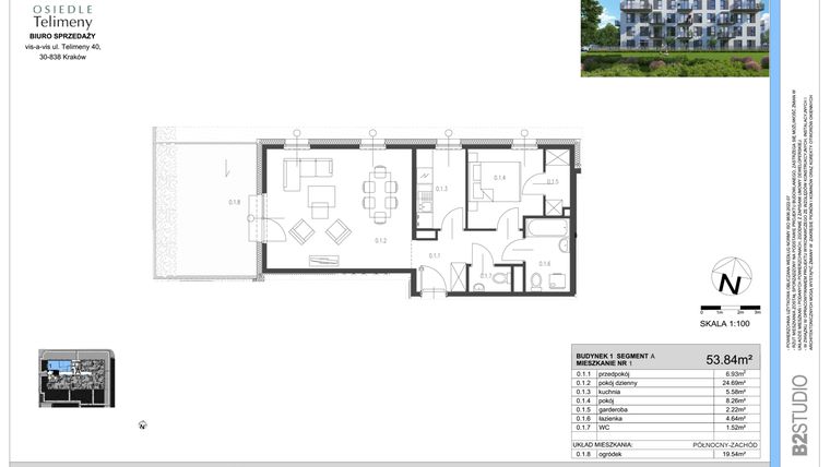 Rzut - Mieszkanie na sprzedaż 2 pokoje o powierzchni 53,84 m² - numer A.1 w Osiedle Telimeny etap III