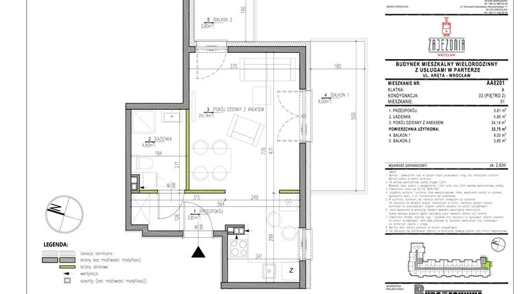 Rzut - Mieszkanie na sprzedaż 1 pokój o powierzchni 32,73 m² - numer AA0201 w Zajezdnia Wrocław