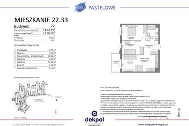 Rzut - Mieszkanie na sprzedaż 3 pokoje o powierzchni 51,89 m² - numer 22.33 w Osiedle Pastelowe etap IV