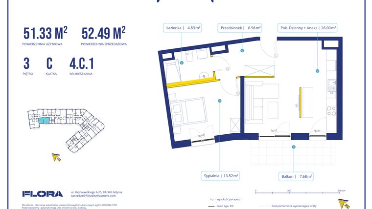 Rzut - Mieszkanie na sprzedaż 2 pokoje o powierzchni 51,33 m² - numer 4C1 w Piotra 4