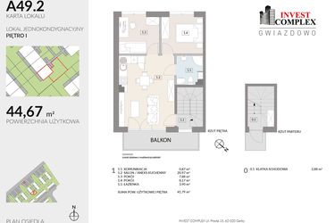 Rzut - Mieszkanie na sprzedaż 3 pokoje o powierzchni 44,67 m² - numer A49.2 w Osiedle Gwiazdowo etap 6B