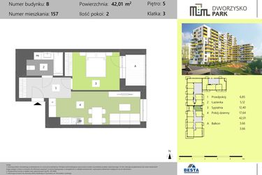 Rzut - Mieszkanie na sprzedaż 2 pokoje o powierzchni 42,01 m² - numer 157 w Dworzysko Park - Etap II