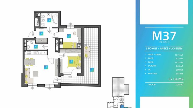Rzut - Mieszkanie na sprzedaż 3 pokoje o powierzchni 67,04 m² - numer M37 w Mi9