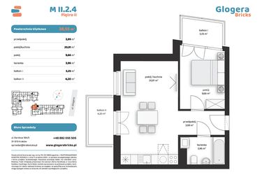 Rzut - Mieszkanie na sprzedaż 2 pokoje o powierzchni 38,52 m² - numer M II.2.4 w Glogera Bricks