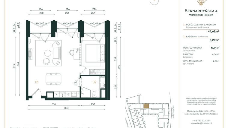 Rzut - Mieszkanie na sprzedaż 1 pokój o powierzchni 49,91 m² - numer A/1/03 w Bernardyńska 4