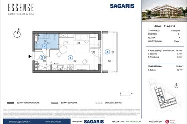 Rzut - Mieszkanie na sprzedaż 1 pokój o powierzchni 25,3 m² - numer B1.A.01.18 w ESSENSE Baltic Resort&SPA 2 - apartamenty inwestycyjne