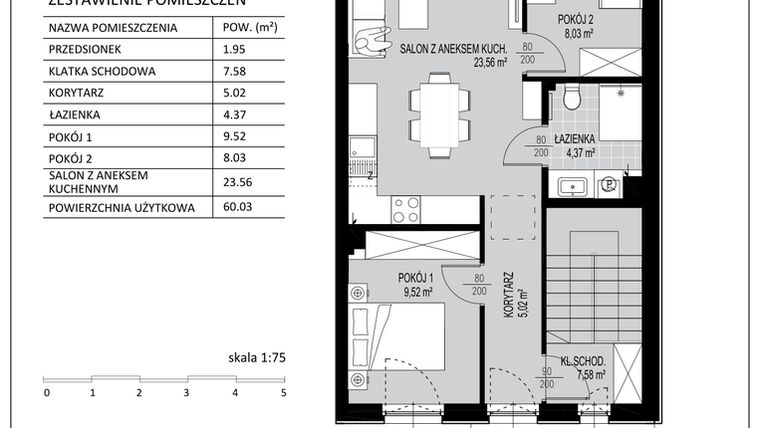 Rzut - Mieszkanie na sprzedaż 3 pokoje o powierzchni 60,03 m² - numer D14 w Kowalove etap 2