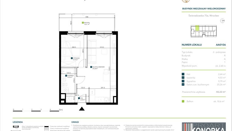 Rzut - Mieszkanie na sprzedaż 2 pokoje o powierzchni 42,22 m² - numer AA0106 w Vivre