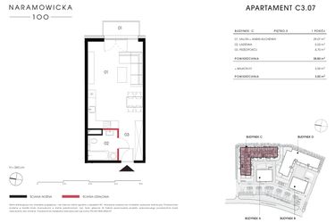 Rzut - Mieszkanie na sprzedaż 1 pokój o powierzchni 38,8 m² - numer C 3.07 w Naramowicka 100