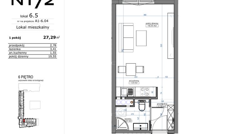 Rzut - Mieszkanie na sprzedaż 1 pokój o powierzchni 27,29 m² - numer 06.05 w Naramowicka 172