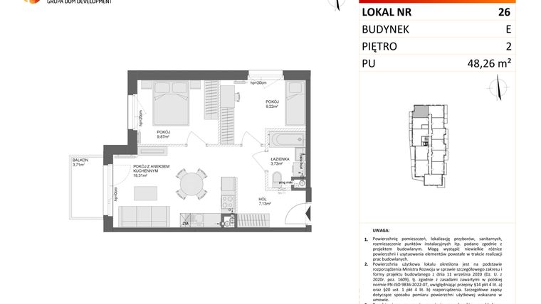 Rzut - Mieszkanie na sprzedaż 3 pokoje o powierzchni 48,26 m² - numer E.26 w Osiedle Synteza etap IV
