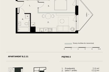 Rzut - Mieszkanie na sprzedaż 2 pokoje o powierzchni 41,45 m² - numer B/2/11 w Ogrodowa 12