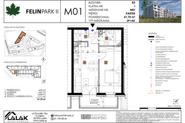 Rzut - Mieszkanie na sprzedaż 2 pokoje o powierzchni 41,7 m² - numer M01 w Felin Park II etap 2