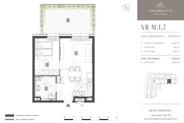 Rzut - Mieszkanie na sprzedaż 2 pokoje o powierzchni 43,32 m² - numer M.1.7 w Zamoyskiego 31