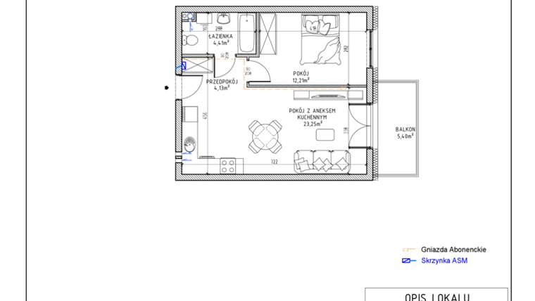 Rzut - Mieszkanie na sprzedaż 2 pokoje o powierzchni 44 m² - numer 12 w Harmonia bud. M3