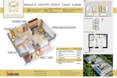Rzut - Mieszkanie na sprzedaż 2 pokoje o powierzchni 42,82 m² - numer B.11 w Aleja Bohaterów