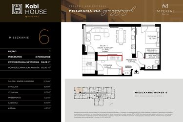 Rzut - Mieszkanie na sprzedaż 3 pokoje o powierzchni 59,44 m² - numer 6 w Kobi HOUSE