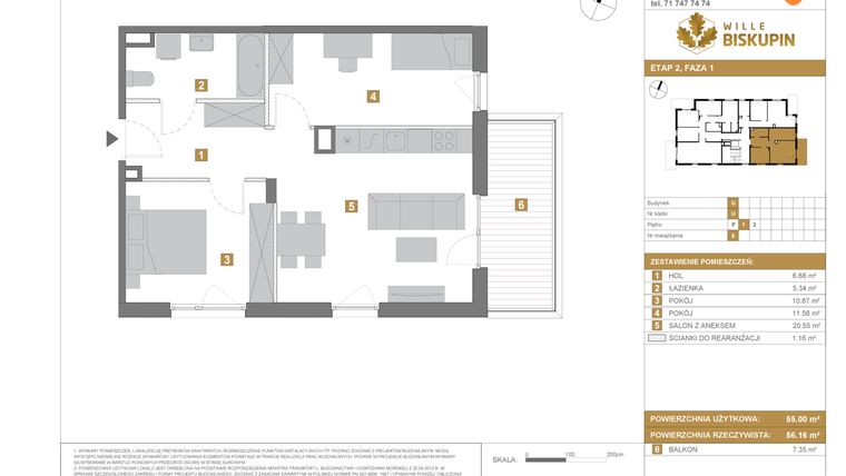 Rzut - Mieszkanie na sprzedaż 3 pokoje o powierzchni 55 m² - numer U6 w Wille Biskupin Etap 2.1