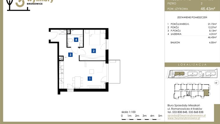Rzut - Mieszkanie na sprzedaż 2 pokoje o powierzchni 46,43 m² - numer M.A25 w 3 Wymiary Bronowice