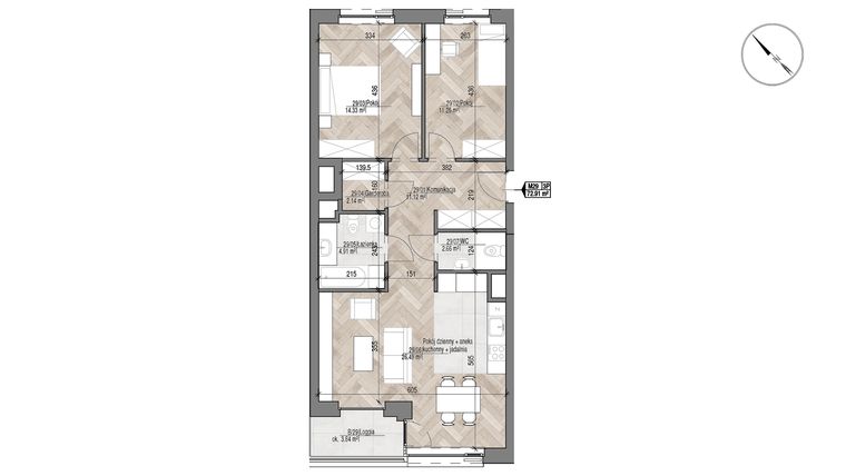 Rzut - Mieszkanie na sprzedaż 3 pokoje o powierzchni 72,91 m² - numer 29 w Apartamenty Czysta