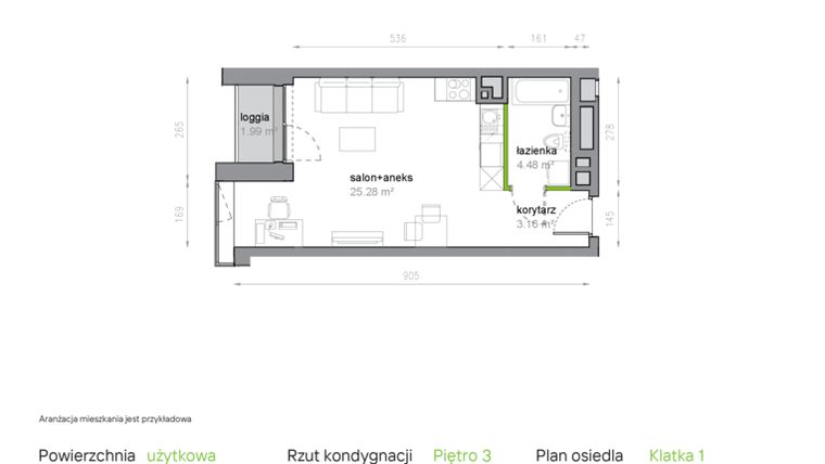 Rzut - Mieszkanie na sprzedaż 1 pokój o powierzchni 32,92 m² - numer K1/3/23 w Piękna Vita