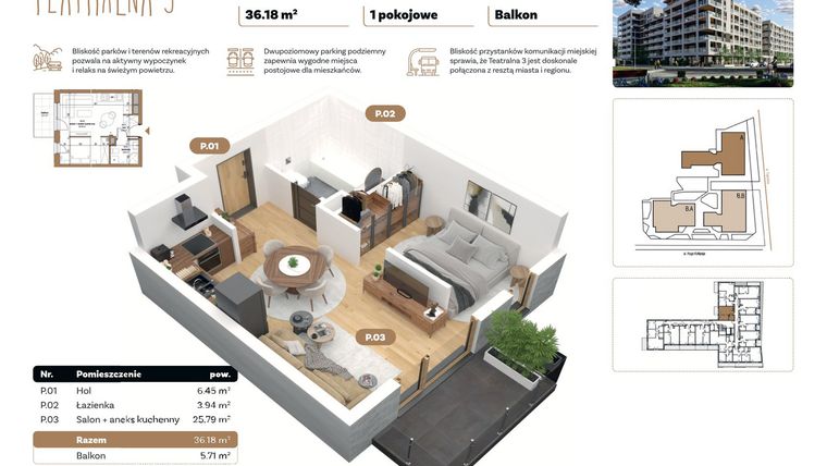 Rzut - Mieszkanie na sprzedaż 1 pokój o powierzchni 36,18 m² - numer A 2.05 w Teatralna 3 - etap II