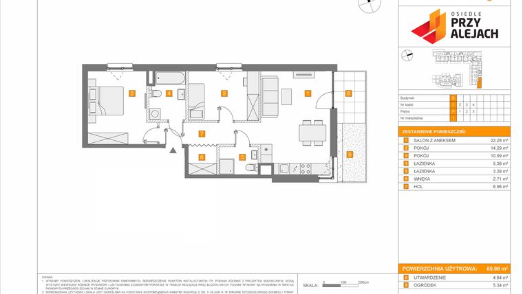 Rzut - Mieszkanie na sprzedaż 3 pokoje o powierzchni 65,98 m² - numer 3.1.D.1 w Osiedle przy Alejach etap 3