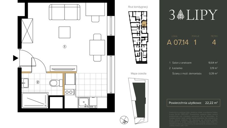 Rzut - Mieszkanie na sprzedaż 1 pokój o powierzchni 22,22 m² - numer A.07.14 w 3 lipy