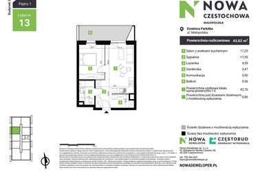Rzut - Mieszkanie na sprzedaż 2 pokoje o powierzchni 43,62 m² - numer D13 w Nowa Częstochowa Małopolska etap II